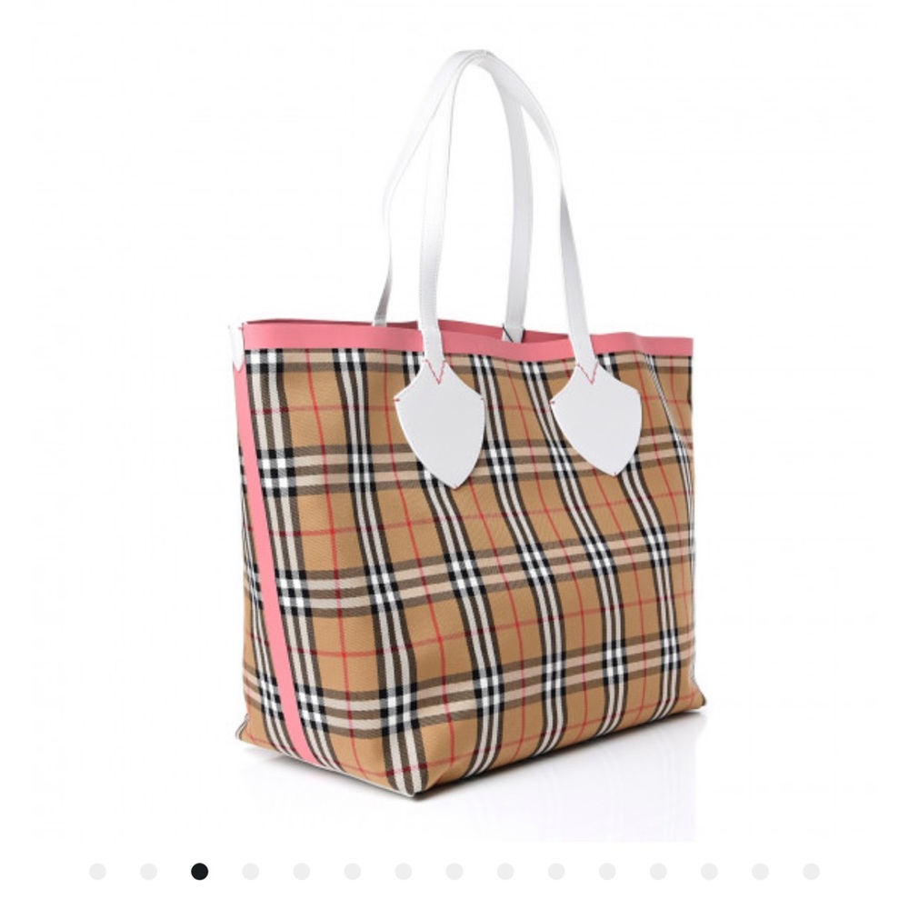 Burberry Vintage Check Tote with Pink Trim and White Handles